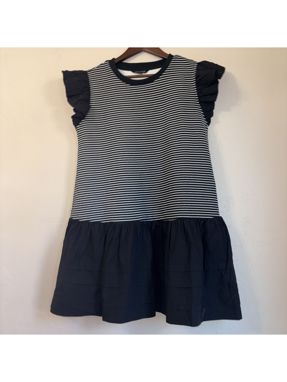 Strut & Bolt Drop-Waist Dress  Medium - Black & White Stripe - Ruffle Detail